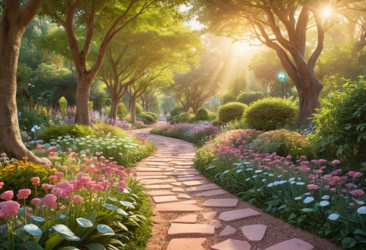 A serene pathway through a lush garden representing a journey, lined with diverse figures of cancer patients receiving support from advocates, surrounded by glowing symbols of innovative treatments like DNA strands and pills. The scene radiates hope and empowerment, with soft sunlight filtering through trees. super-realistic. vibrant colors. soothing pastel background.