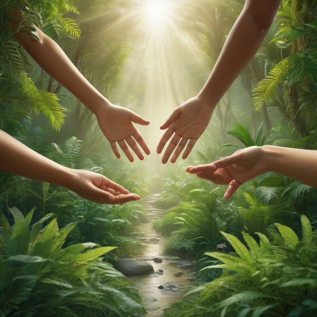 A serene landscape depicting a diverse group of individuals discovering innovative treatments amidst lush greenery, with symbolic representations of support systems like hands reaching out and pathways leading forward. The atmosphere is filled with hope and healing, showcasing inclusivity and personal growth. soft lighting. vibrant colors. super-realistic.
